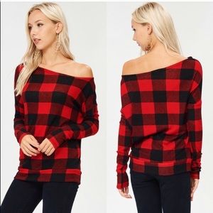 Buffalo Plaid Off the Shoulder Shirt